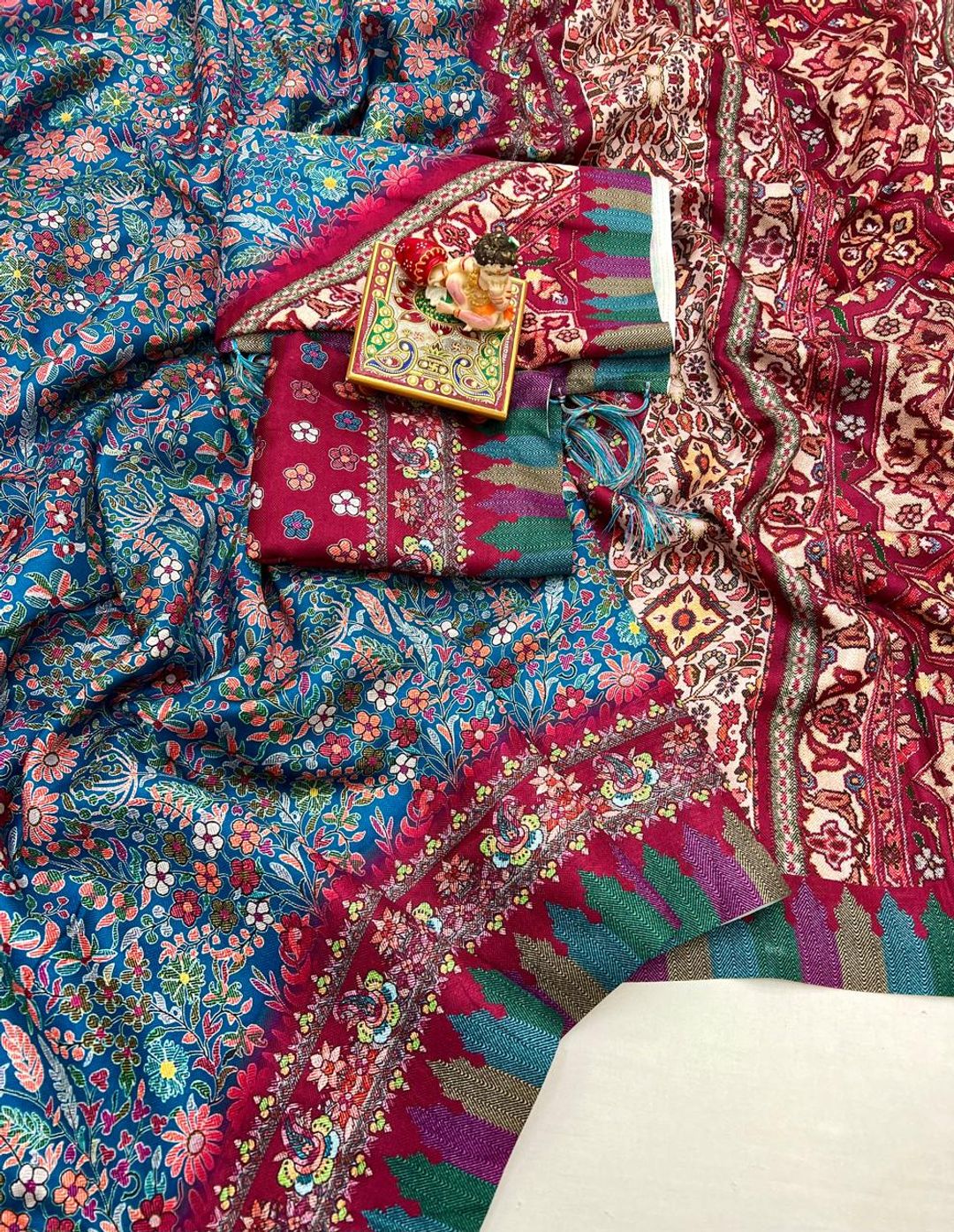 Blue Designer Pashmina Saree With Shawl & Blouse Piece