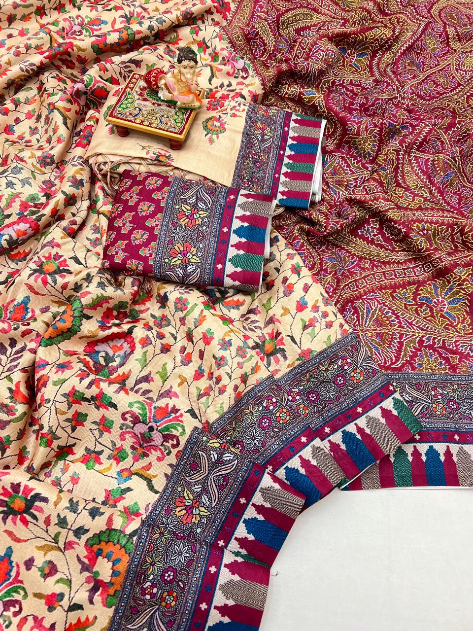 Cream Floral Pashmina Saree With Shawl & Blouse Piece