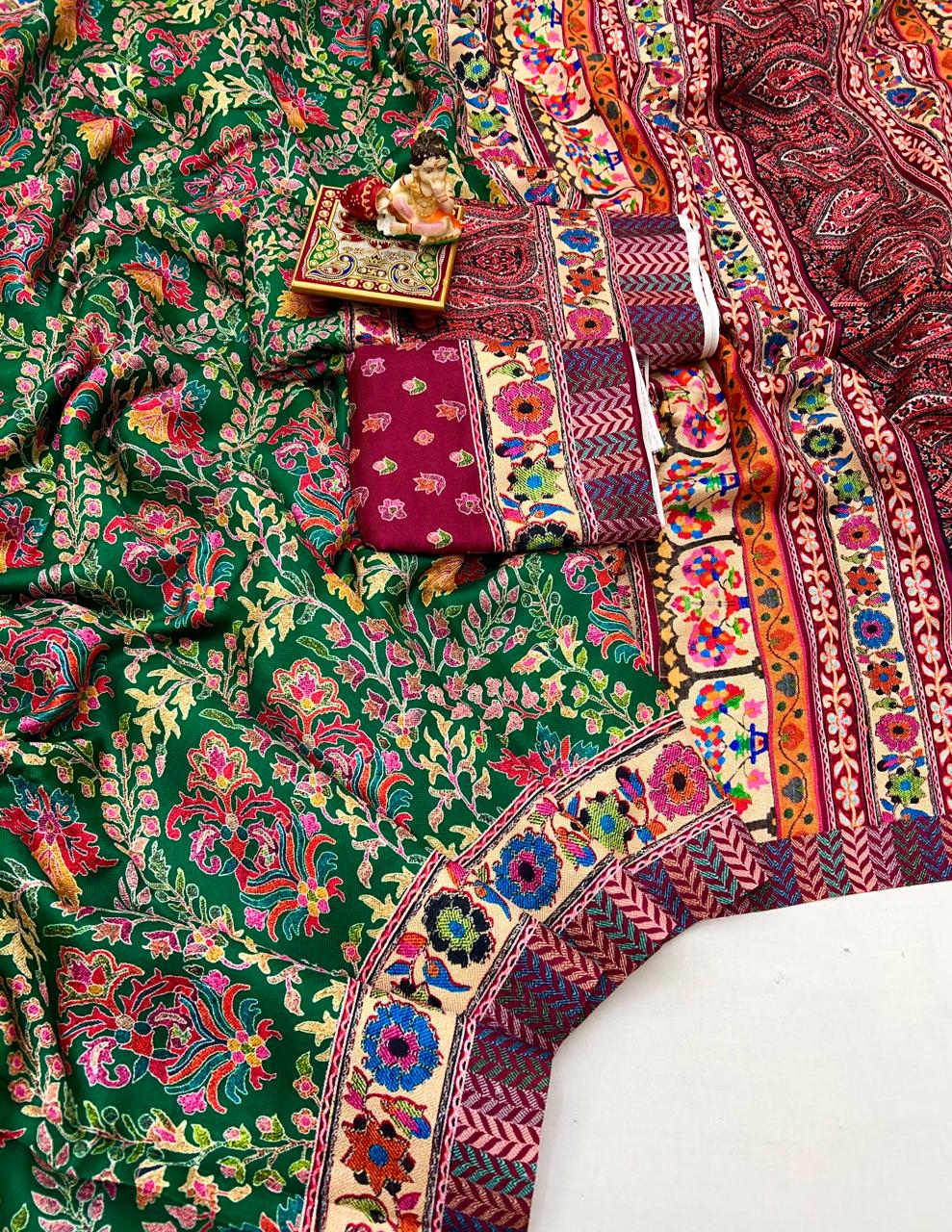 Green Floral Pashmina Saree With Shawl & Blouse Piece