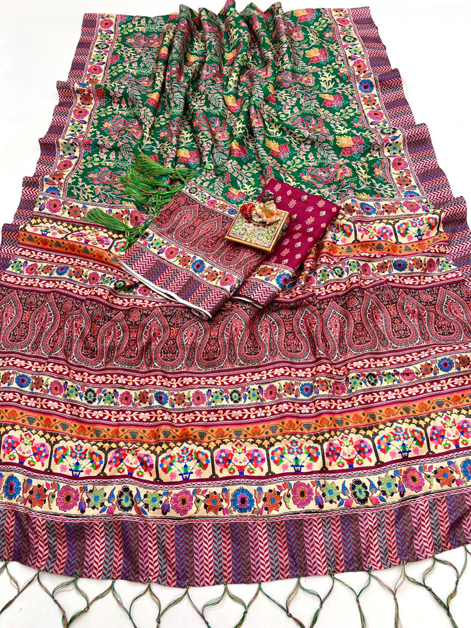 Green Floral Pashmina Saree With Shawl & Blouse Piece