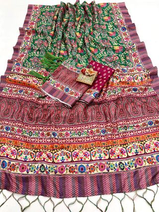 Green Floral Pashmina Saree with Shawl & Blouse Piece