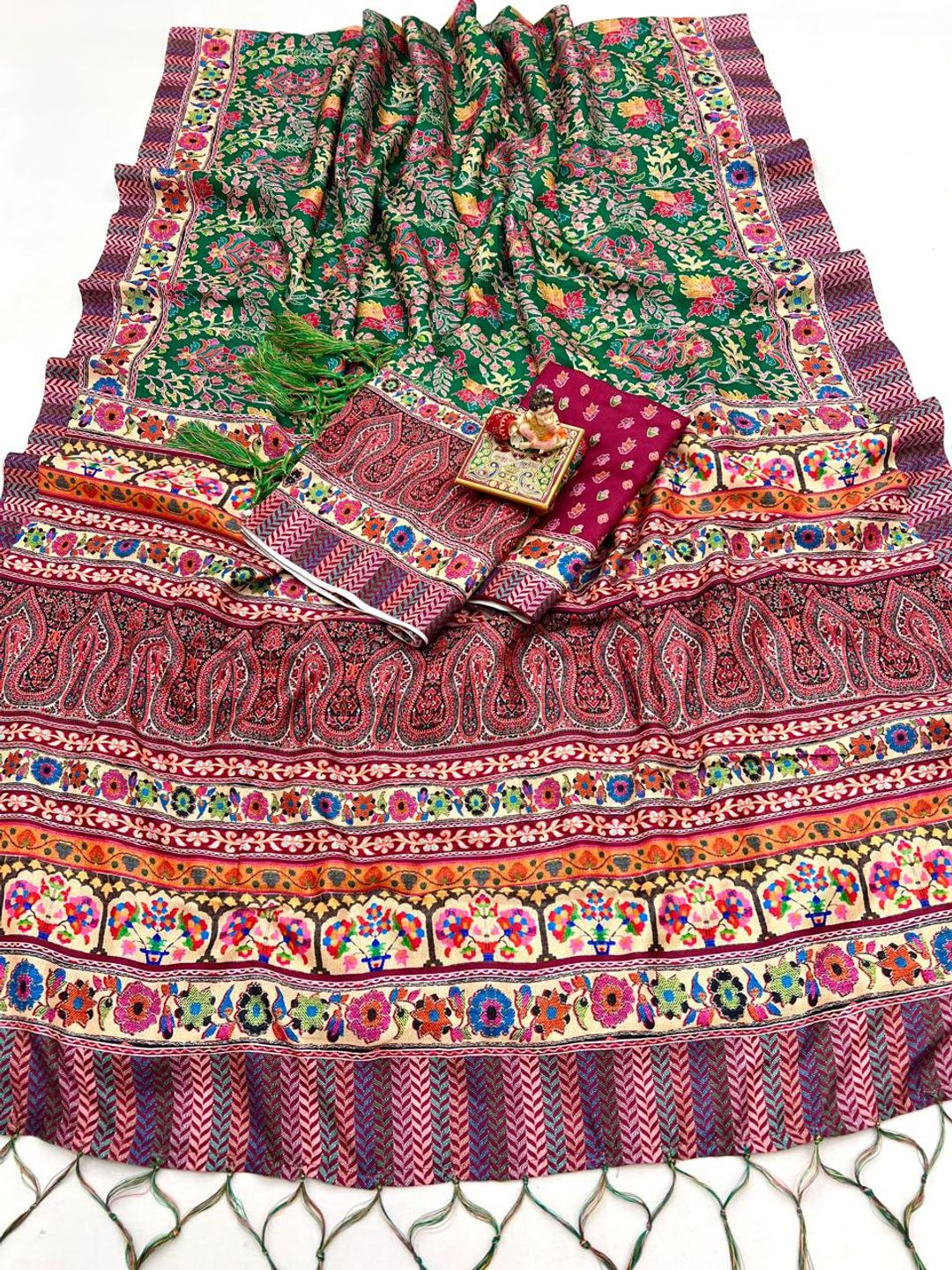 Green Floral Pashmina Saree With Shawl & Blouse Piece