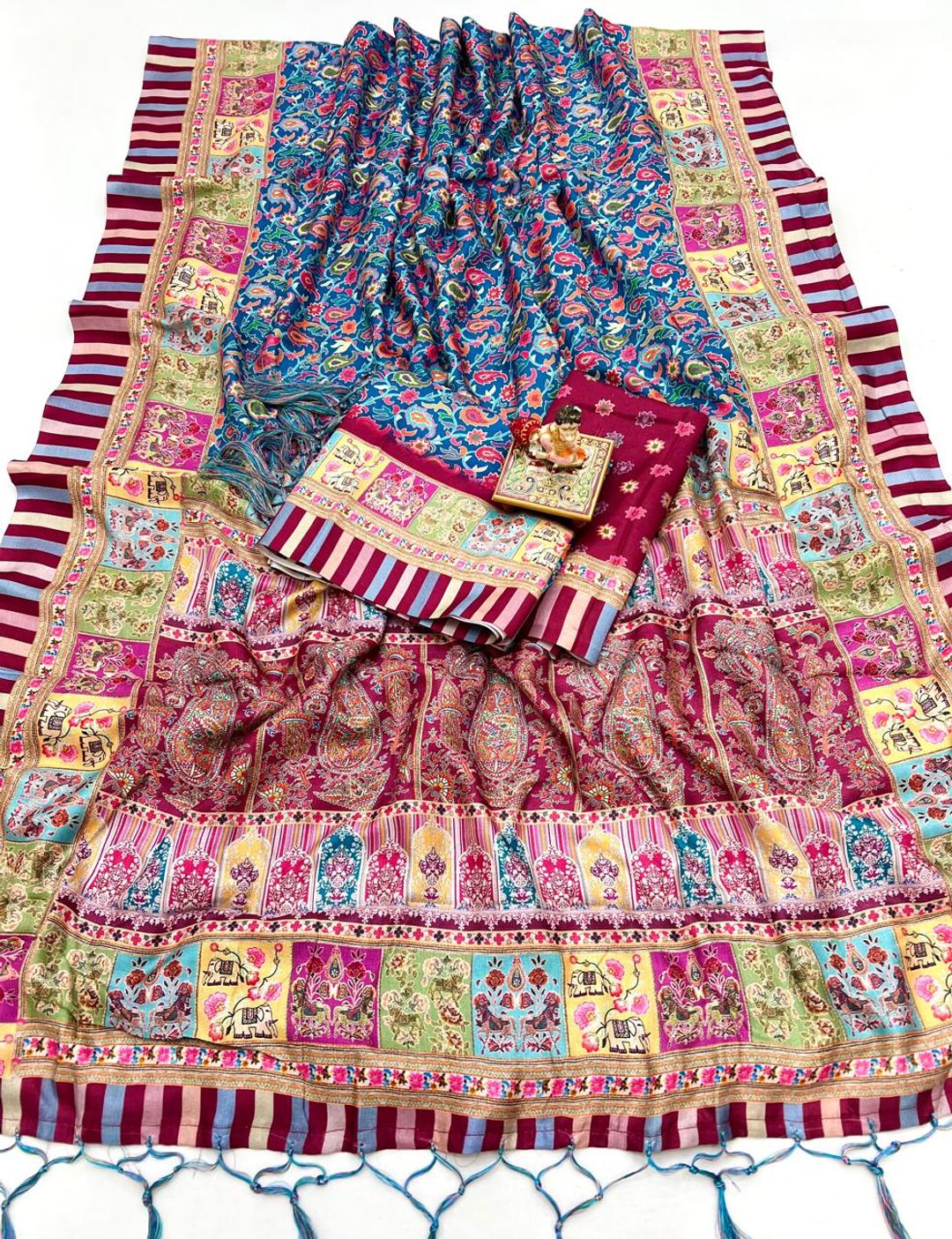 Blue Floral Pashmina Saree With Shawl Ethnic Wear