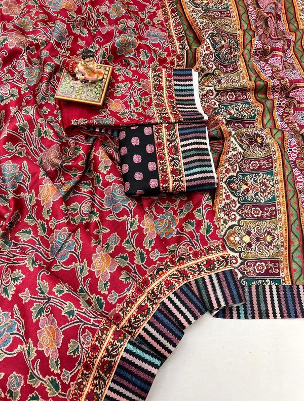 Red Floral Pashmina Saree With Shawl & Blouse Piece