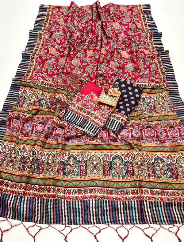 Red Floral Pashmina Saree With Shawl & Blouse Piece