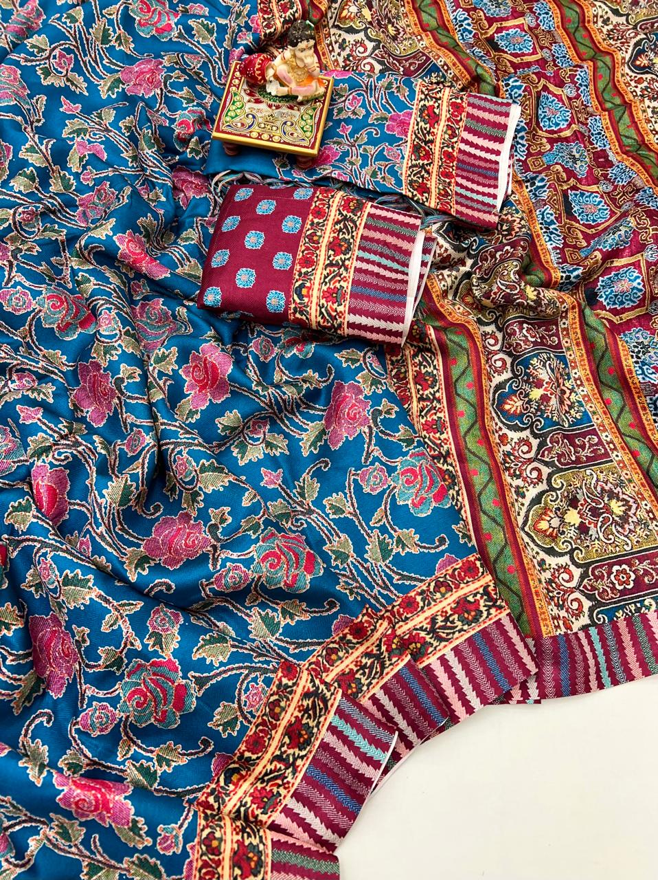 Traditional Blue Pashmina Saree With Shawl For Weddings