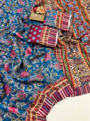 Traditional Blue Pashmina Saree With Shawl For Weddings - Blue