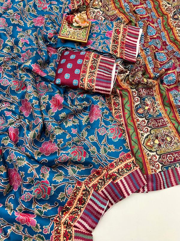 Traditional Blue Pashmina Saree With Shawl For Weddings