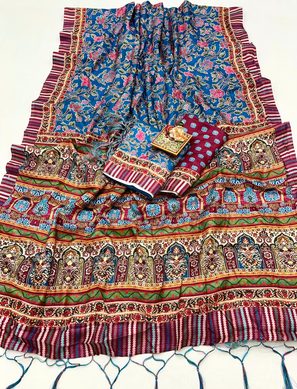 Traditional Blue Pashmina Saree With Shawl For Weddings