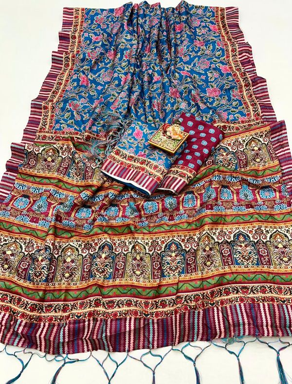 Traditional Blue Pashmina Saree With Shawl For Weddings