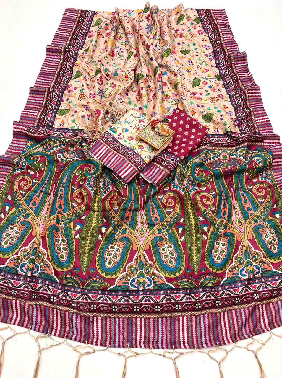 Luxury Pashmina Saree with Paisley Design & Shaw