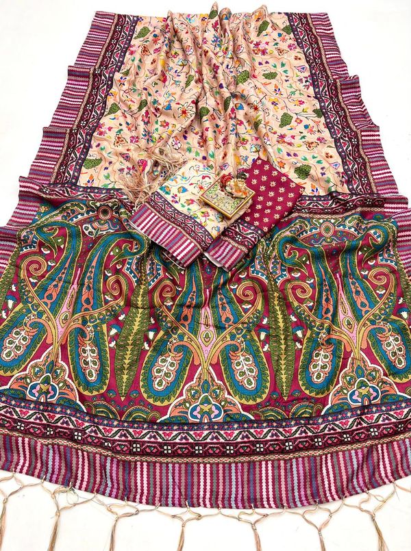 Luxury Pashmina Saree with Paisley Design & Shaw