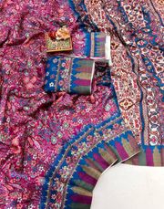 Pink Floral Pashmina Saree with Shawl & Blouse - Pink