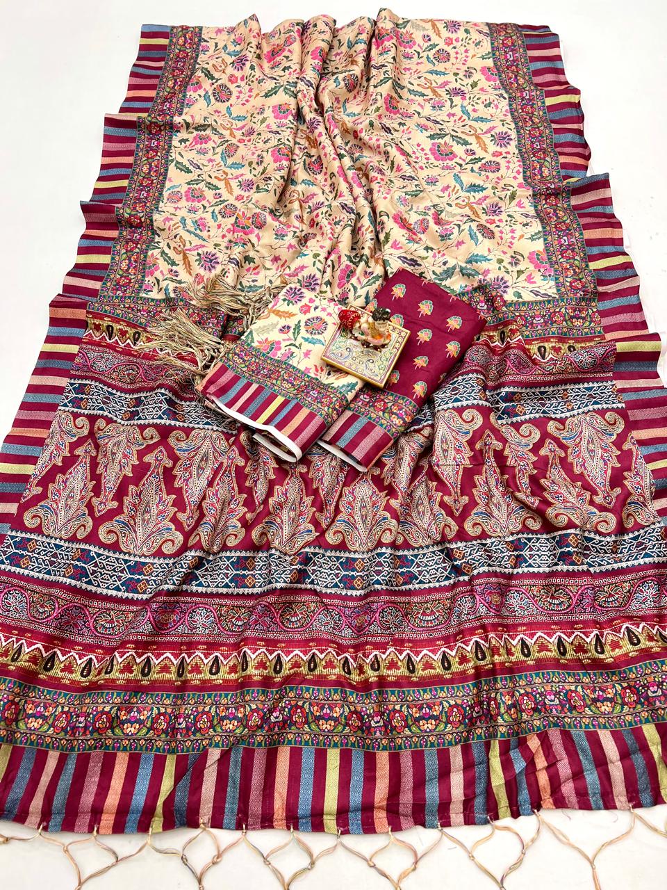 Festive Cream Pashmina Saree with Designer Border