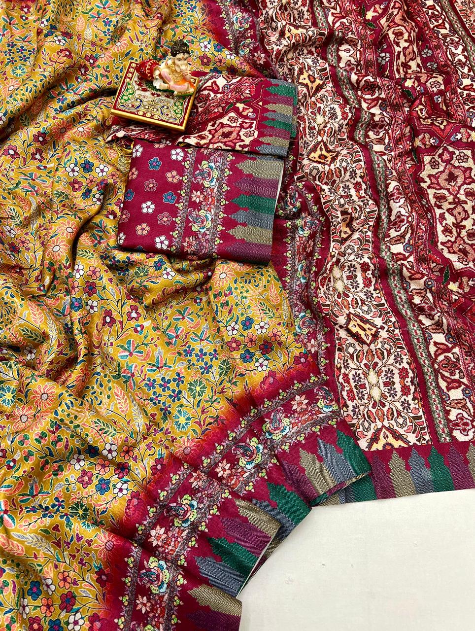 Mustard Floral Pashmina Saree with Shawl & Blouse