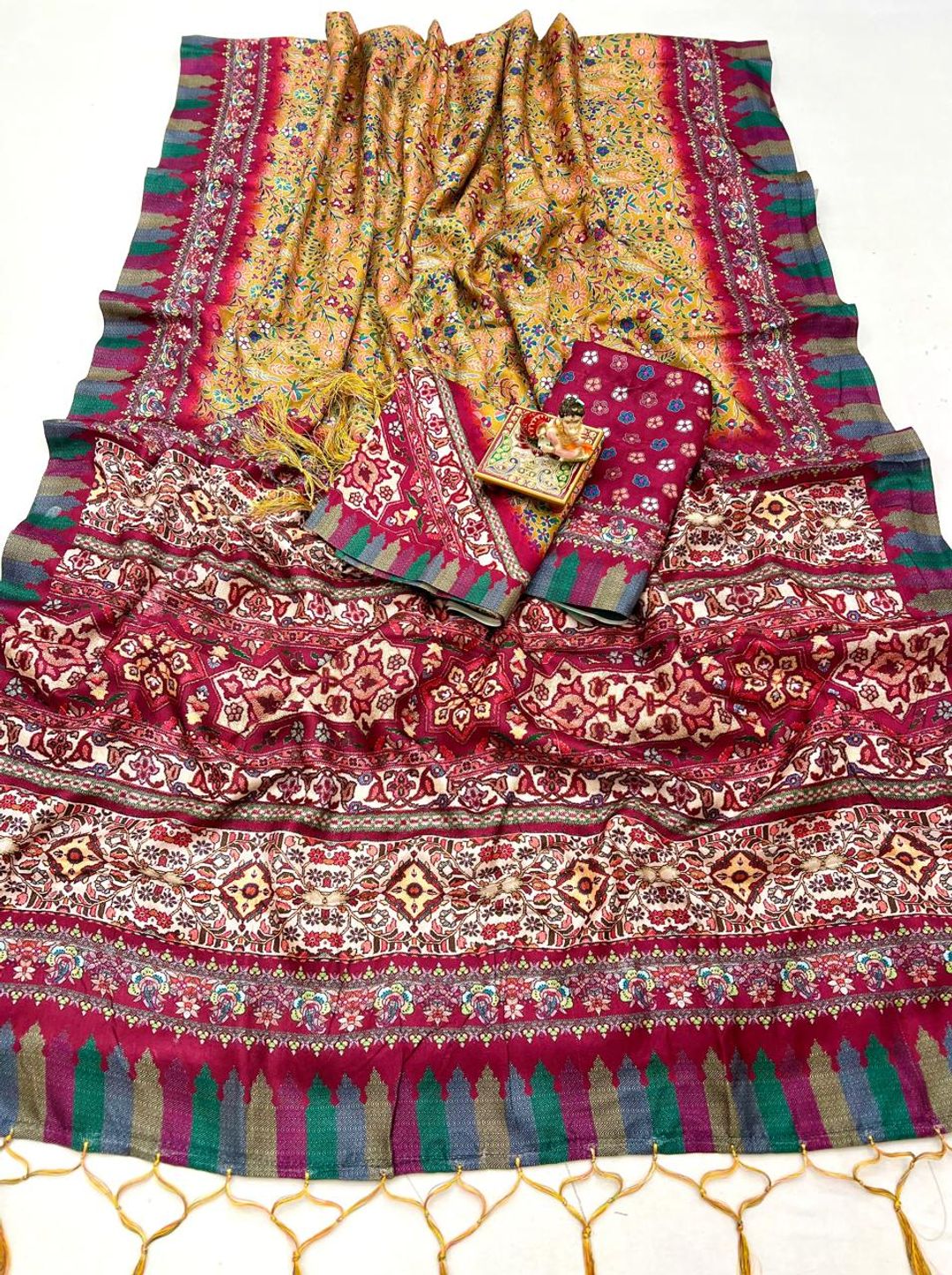 Mustard Floral Pashmina Saree with Shawl & Blouse