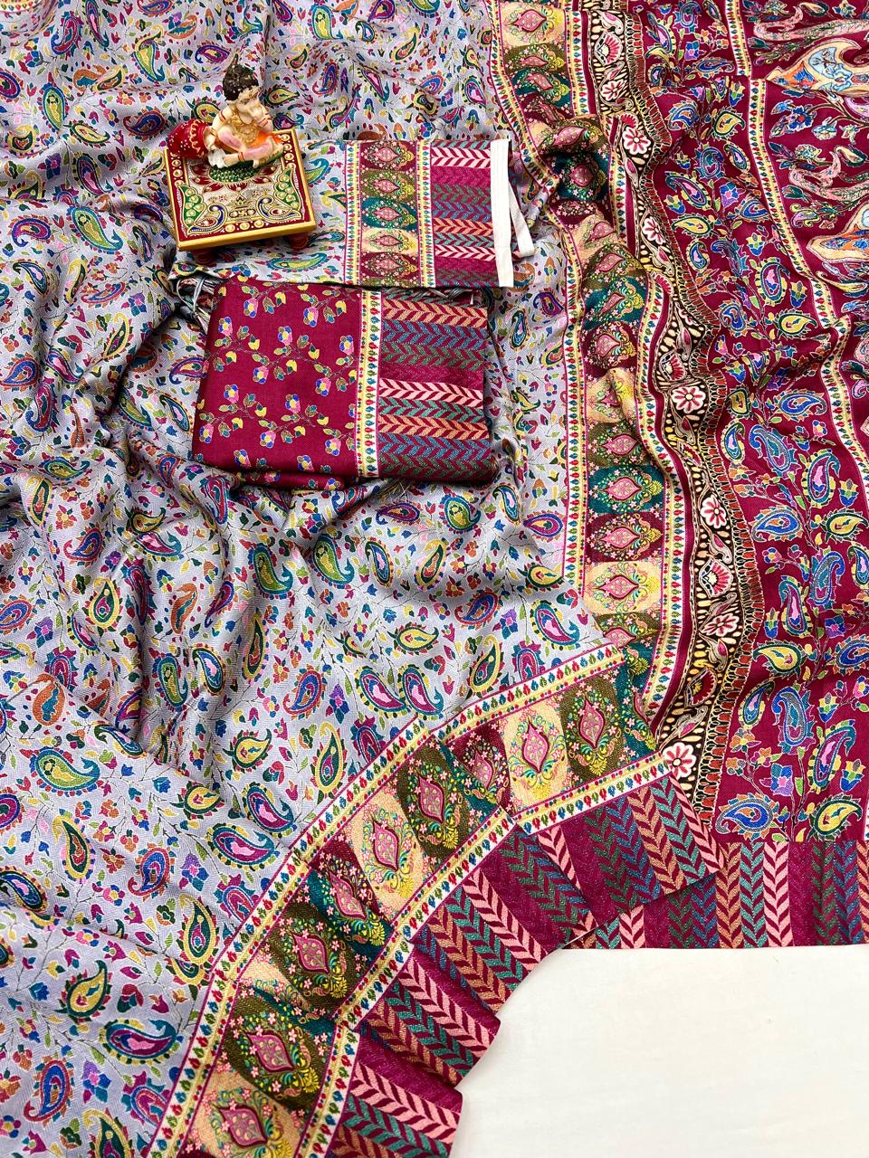 Grey Paisley Pashmina Saree with Shawl & Blouse