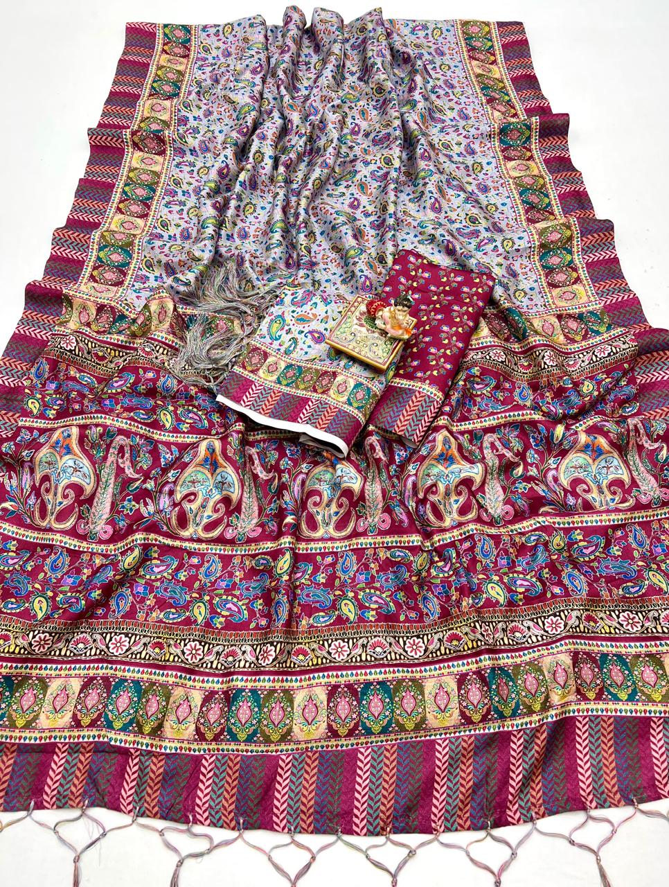 Grey Paisley Pashmina Saree with Shawl & Blouse