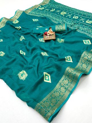 Teal Moss Mellow Georgette Zari Border Saree