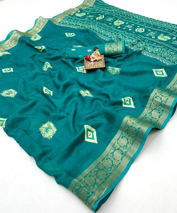 Teal Moss Mellow Georgette Zari Border Saree