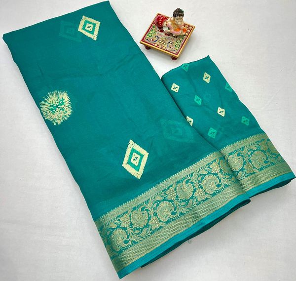 Teal Moss Mellow Georgette Zari Border Saree