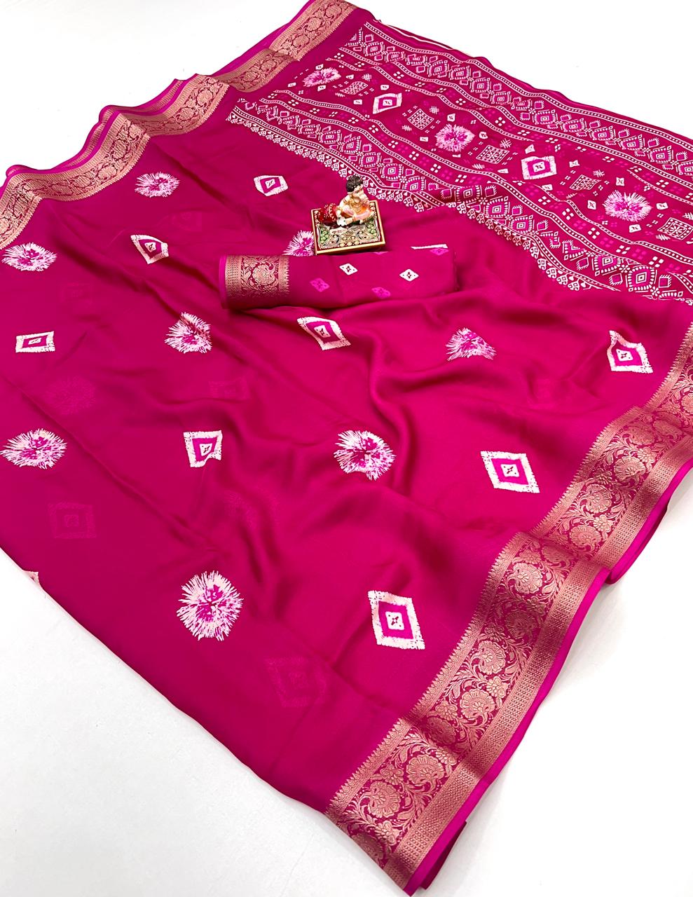 Rani Pink Moss Georgette Saree with Zari Border