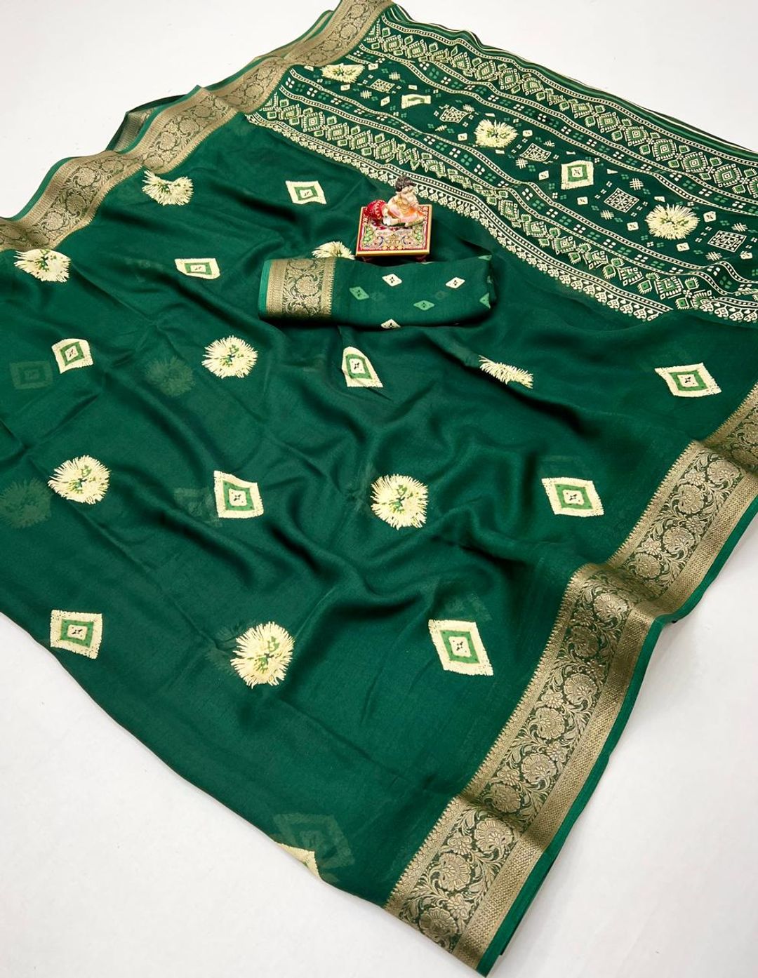 Bottle Green Moss Mellow Georgette Zari Saree