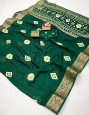 Bottle Green Moss Mellow Georgette Zari Saree - Green