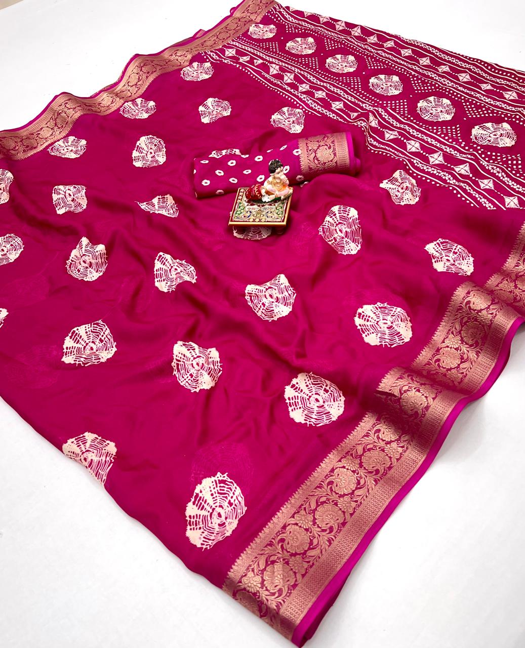 Rani Pink Printed Moss Georgette Saree With Zari Border