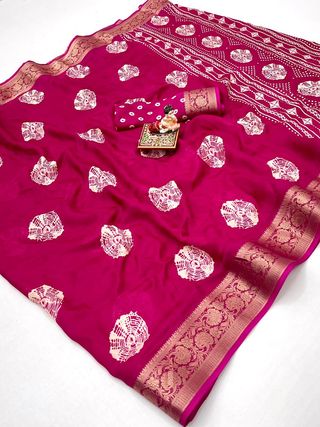 Rani Pink Printed Moss Georgette Saree With Zari Border
