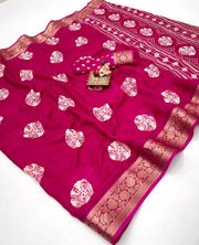 Rani Pink Printed Moss Georgette Saree With Zari Border - Pink
