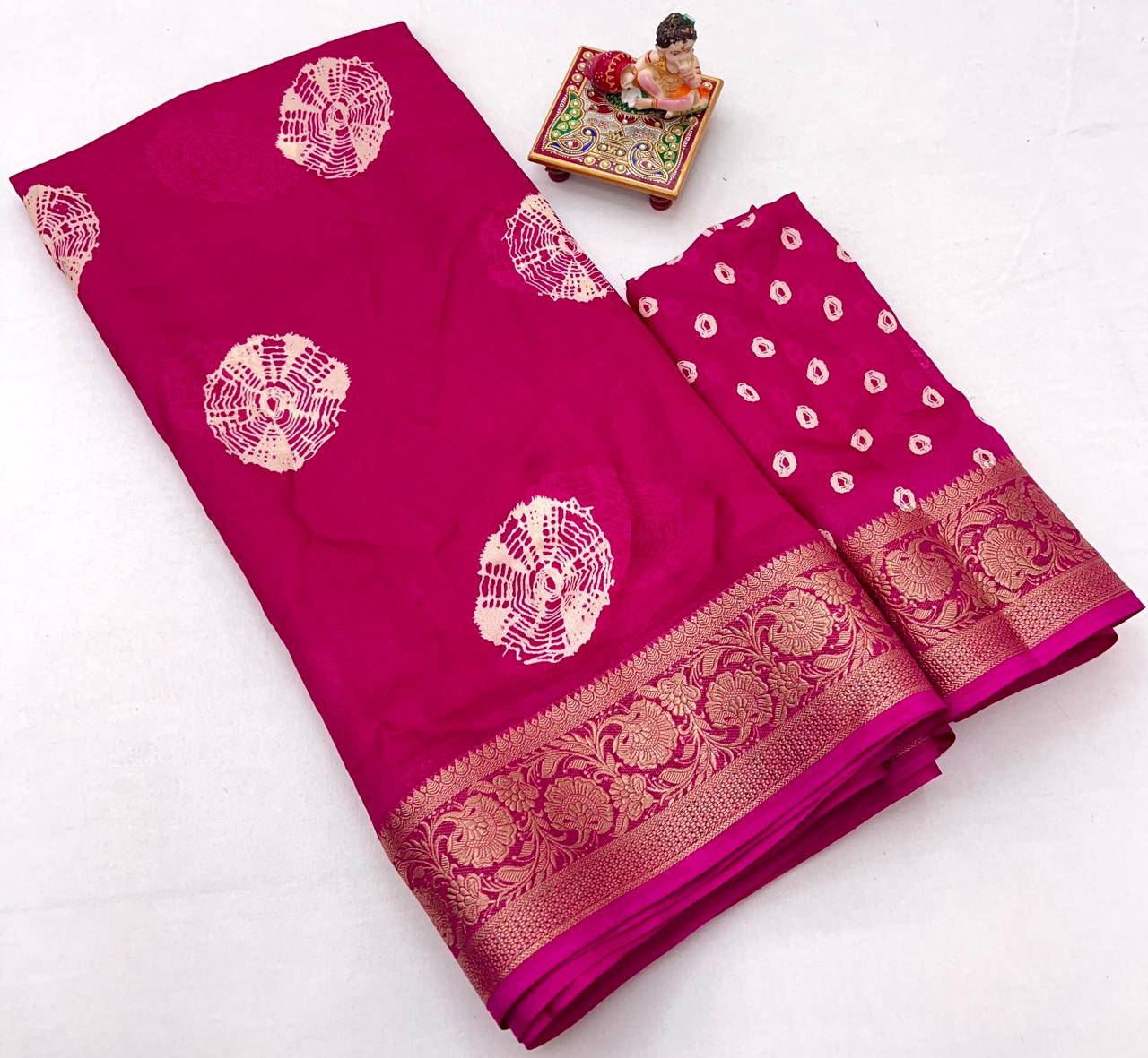 Rani Pink Printed Moss Georgette Saree With Zari Border