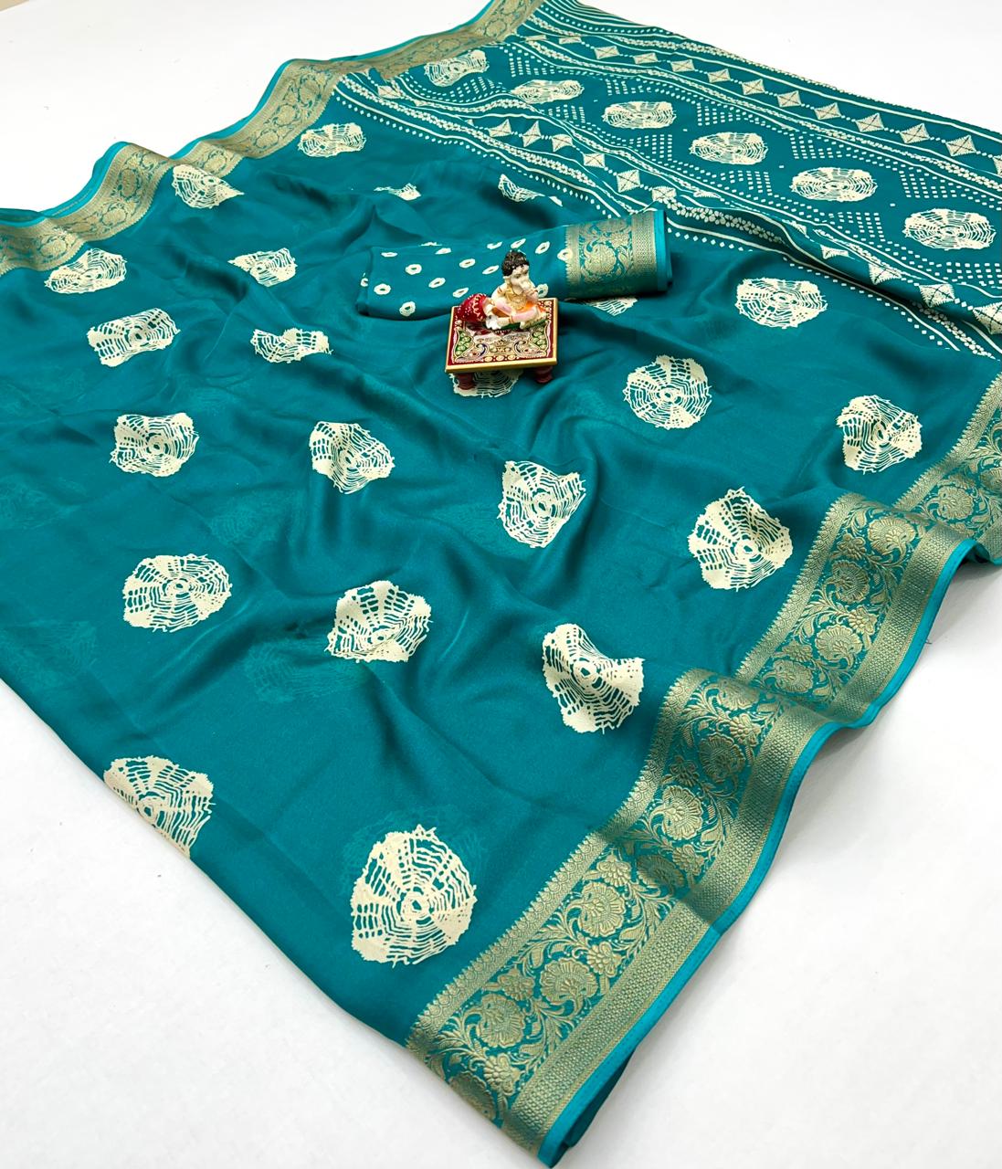 Stylish Teal Printed Moss Georgette Saree With Blouse