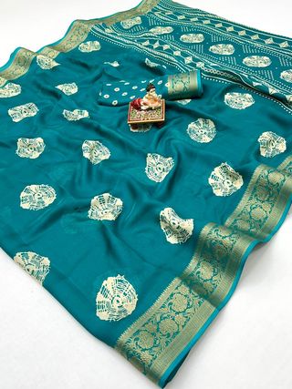Stylish Teal Printed Moss Georgette Saree With Blouse