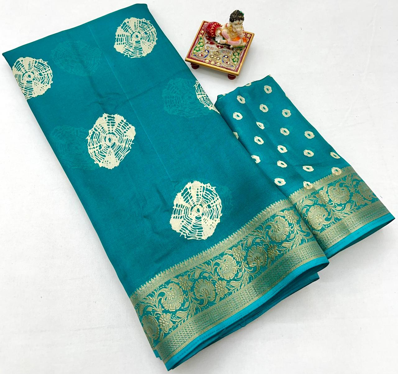 Stylish Teal Printed Moss Georgette Saree With Blouse