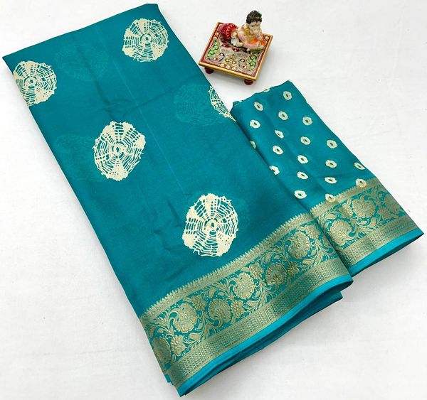 Stylish Teal Printed Moss Georgette Saree With Blouse