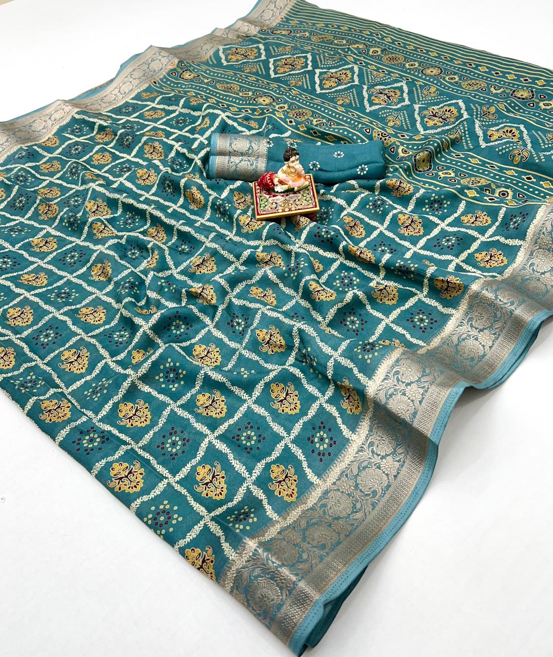 Teal Printed Moss Georgette Saree With Zari Border