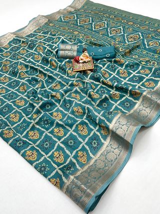 Teal Printed Moss Georgette Saree With Zari Border