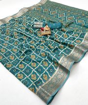 Teal Printed Moss Georgette Saree With Zari Border - Teal