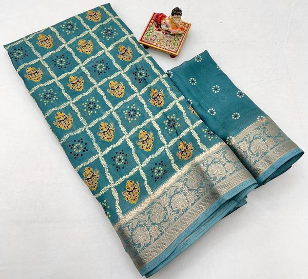 Teal Printed Moss Georgette Saree With Zari Border