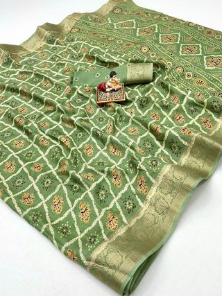 Sage Green Printed Moss Georgette Saree With Zari Border