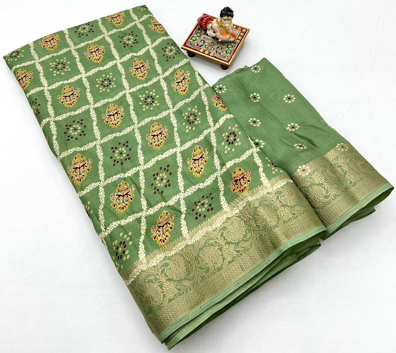 Sage Green Printed Moss Georgette Saree With Zari Border