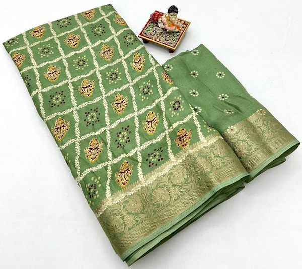Green Calcutta Moss Georgette Printed Saree With Zari Border