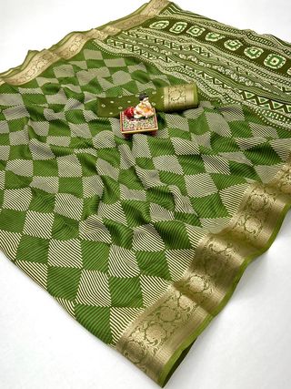 Designer Olive Green Moss Georgette Saree with Geometric Print