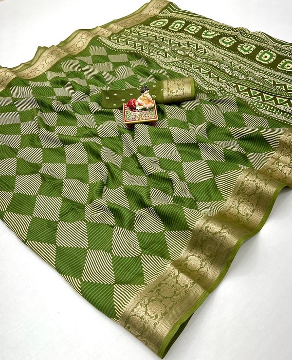 Designer Olive Green Moss Georgette Saree With Geometric Print
