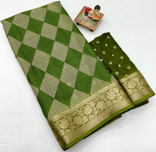 Designer Olive Green Moss Georgette Saree With Geometric Print
