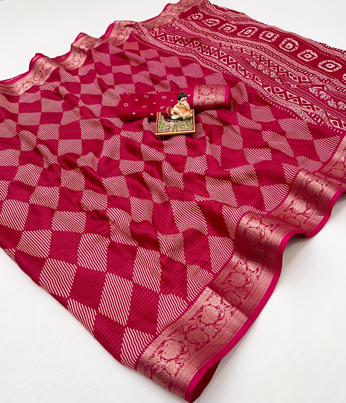 Rani Pink Printed Calcutta Moss Georgette Saree With Zari