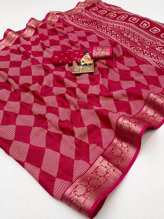 Rani Pink Printed Calcutta Moss Georgette Saree With Zari