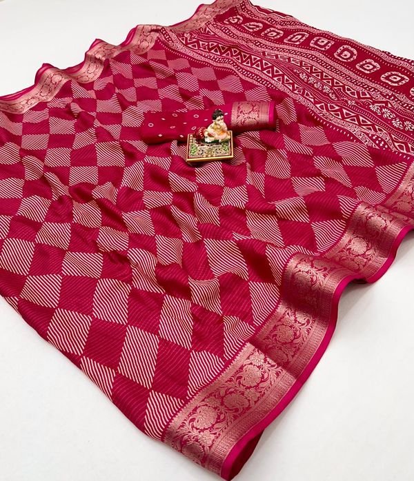 Rani Pink Printed Calcutta Moss Georgette Saree With Zari