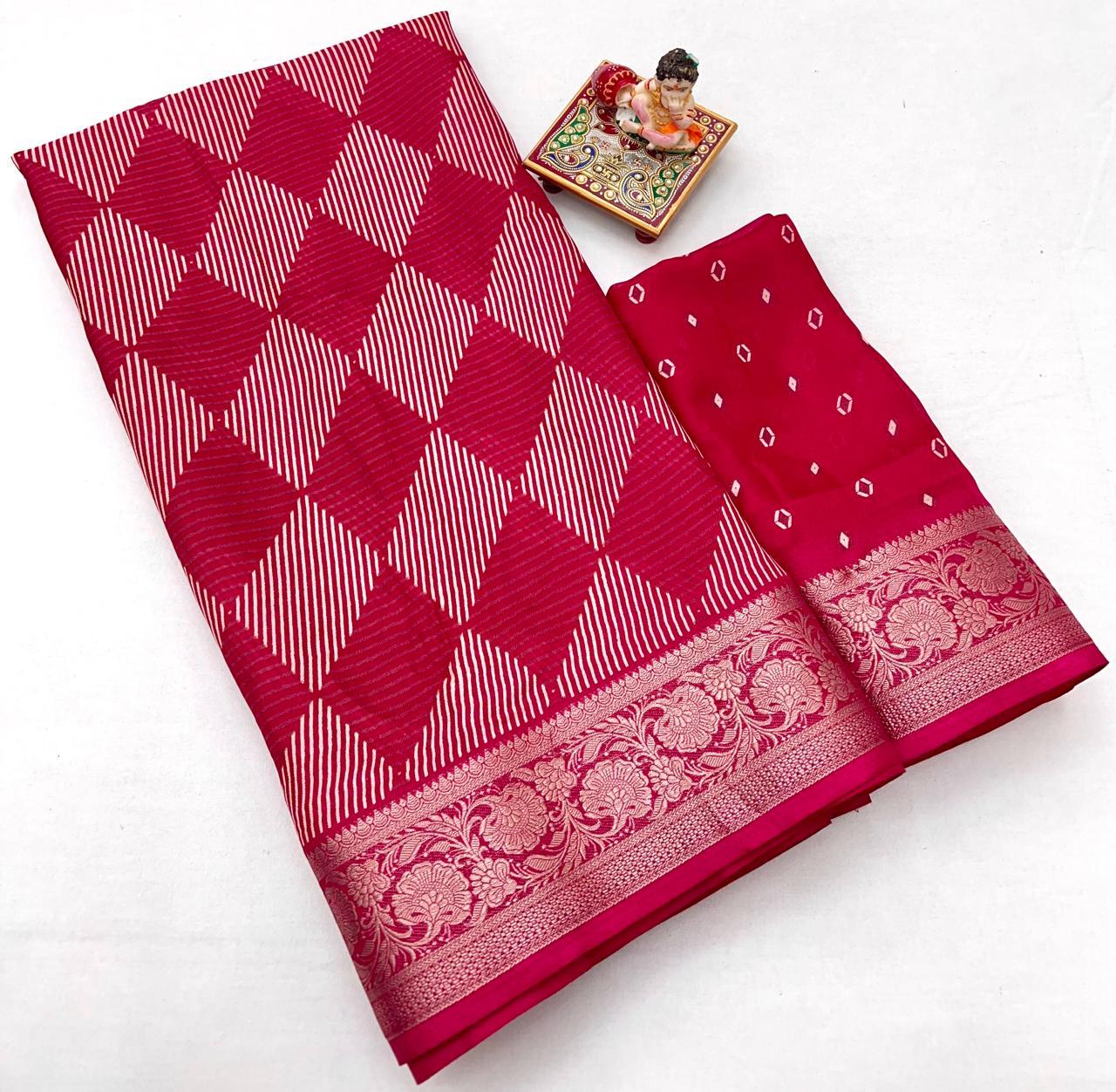 Rani Pink Printed Calcutta Moss Georgette Saree With Zari